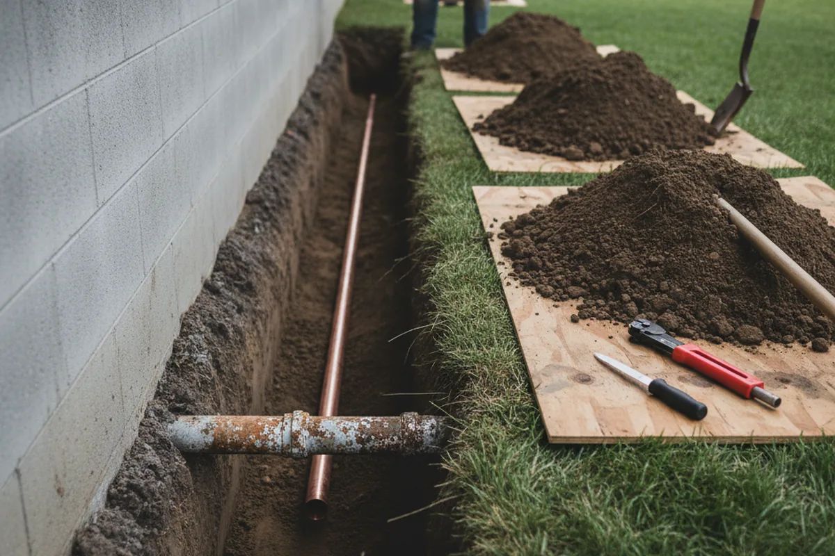 Excavated water line trench during Sewer Line Repair in Huntertown